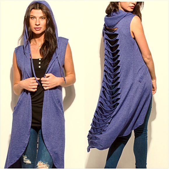 Distressed Hooded Cardi Vest Coverup O/S - Picture 5 of 5